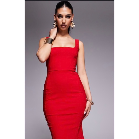 Vesper ASOS Sexy Bengaline Bright Red Square Neck Bodycon Midi Dress, 10 - Picture 1 of 11